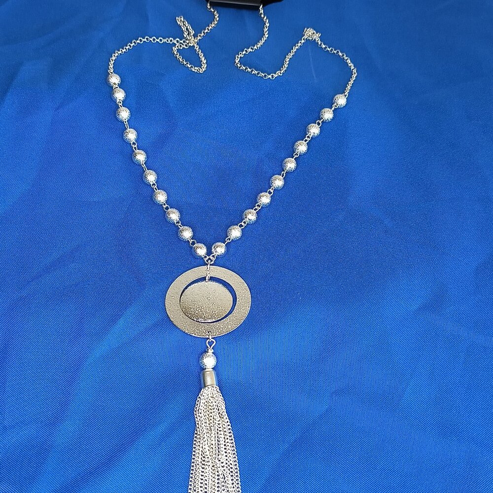 Tassel Pendant Necklace Silver Tone Statement